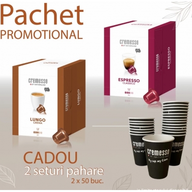 Pachet Promo 2 cutii Cremesso 48 + 2 seturi pahare carton